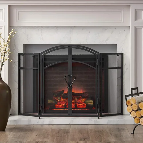 Miniatura 4 de Christopher Knight Home Darlene - Pantalla plegable de hierro moderno para chimenea con puerta y herramientas, color negro mate