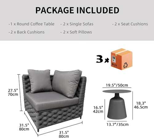 Miniatura 2 de TWT 3-Piece Woven Rope Patio Furniture Set, 2 Outdoor Armchairs with Soft Cushions + Round Aluminum Coffee Table, All-Weather Conversation Set for