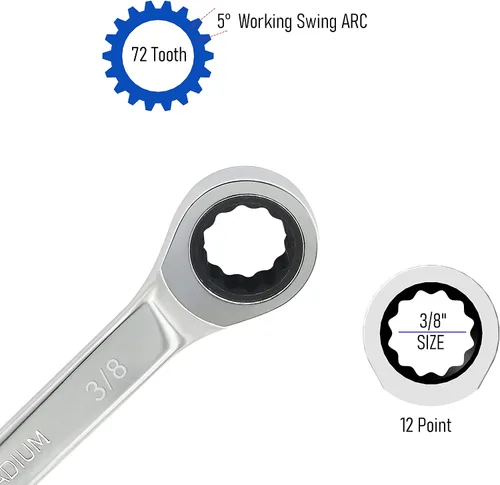 Miniatura 3 de Llave combinada de trinquete de 3/8 pulgadas SAE 72 dientes 12 puntos de trinquete de caja de trinquete terminada y extremo abierto herramientas