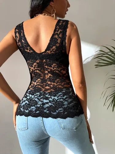 Miniatura 2 de Romwe Blusa sin mangas de malla floral con cuello en V y sin espalda para mujer
