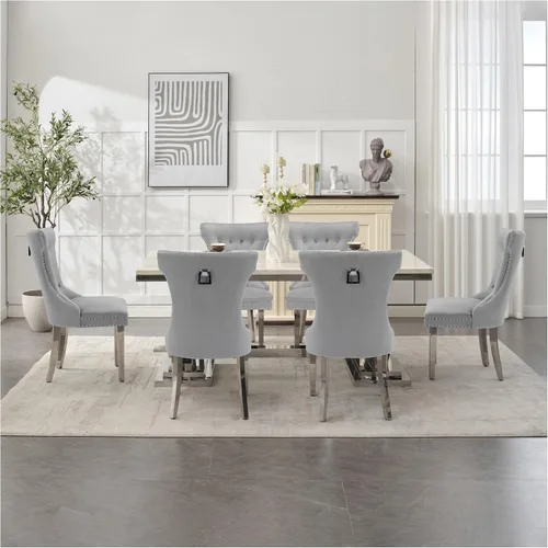 Miniatura 10 de adochr Juego de 2 sillas de comedor de terciopelo, sillas de cocina tapizadas con patas de metal, respaldo abotonado moderno con anillo de tracción