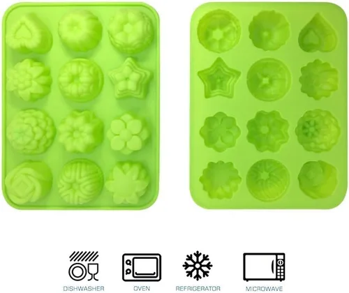 Miniatura 5 de Paquete de 3 moldes de silicona para hornear, antiadherentes de 12 cavidades, magdalenas, chocolate, gelatina, pudín, caramelo, azul, verde, rojo
