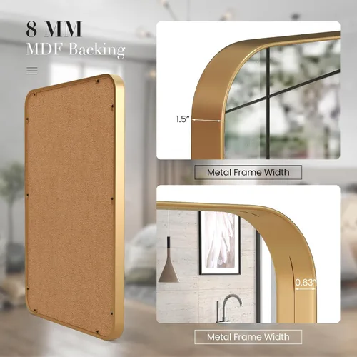 Miniatura 7 de Tangkula Espejo de baño dorado de 20 x 32 pulgadas, espejo de tocador rectangular redondeado con marco de metal, dorado mate, vidrio templado