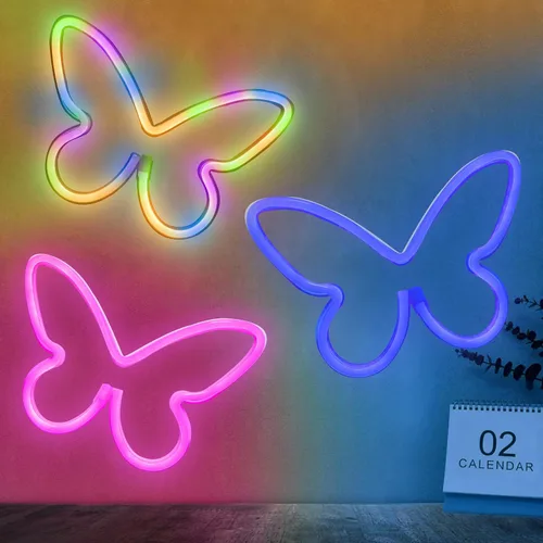BRIGHTDECK 3 Piezas de Letreros de Neón de Mariposa, Luz de Neón para Dormitorio, Letreros de Neón LED Alimentados por USB o 3 Baterías AA,