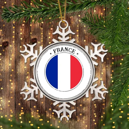 Miniatura 3 de Adorno de copo de nieve de metal navideño Bandera de Francia colgante de copo de nieve de peltre personalizado recuerdo decorativo para Navidad Año