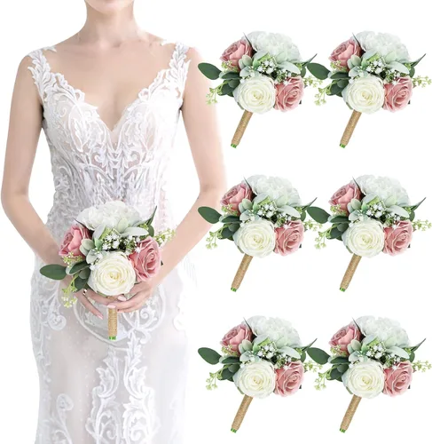 Miniatura 28 de Ramos de dama de honor para boda, juego de 6 ramos de flores artificiales para decoración de otoño, boda, propuesta de matrimonio, fiesta, Naranja