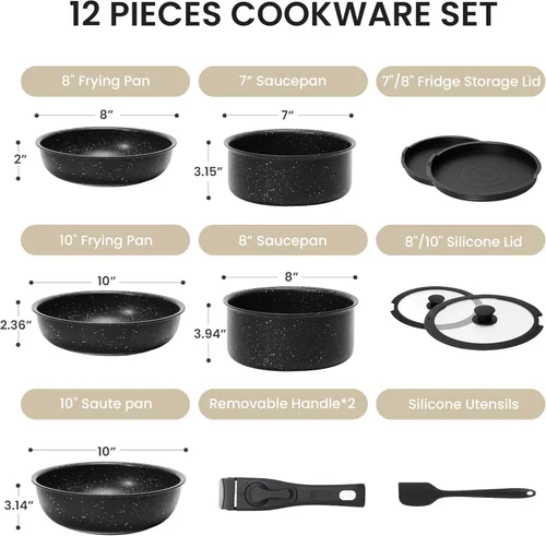 Miniatura 2 de Simple Deluxe Juego de 12 utensilios de cocina antiadherentes, con textura de granito negro y asas desmontables, resistentes a altas temperaturas