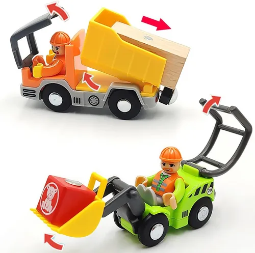 Miniatura 3 de Set de vagones de tren de madera con pista Accesorios para pista de tren con excavadora y camión volquete Vehículos pequeños Vagones de tren