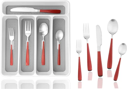Miniatura 7 de JASHII - Juego de cubiertos con bandeja, 20 piezas de acero inoxidable cuadrado cubiertos servicio para 4, acabado mate, utensilios de alimentación