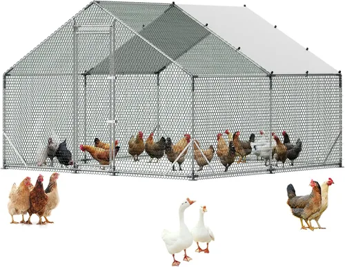 Miniatura 14 de VEVOR Gallinero de metal grande con paso, 13.1 x 9.8 x 6.5 pies para patio con cubierta impermeable, jaula grande para aves de corral