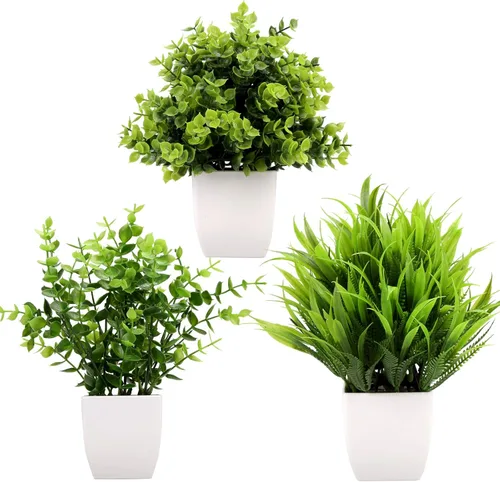 Miniatura 10 de GREENTIME Paquete de 4 plantas falsas en maceta negra, pequeñas plantas artificiales de eucalipto en maceta, hierba de trigo, mini vegetación