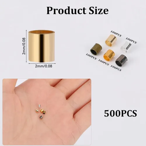Miniatura 2 de 500 cuentas de crimpado para hacer joyas, cuentas de tubo de engarzado, tapones de columna de tubo de cuentas, tubo de extremo de cordón