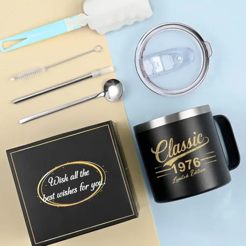 Miniatura 6 de Qtencas Regalos de cumpleaños número 50 para él, taza de café aislada clásica de 1976 con tapa y pajilla, ideas de regalo de cumpleaños