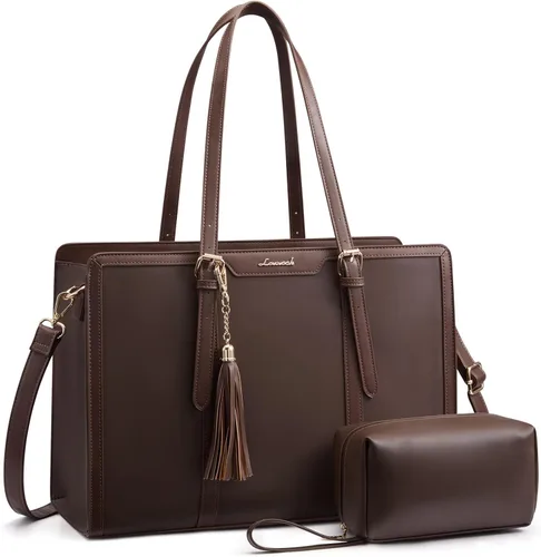 Miniatura 12 de LOVEVOOK Bolsa para laptop para mujer, bolsa de lona ligera de 15.6 pulgadas, bolsa grande para computadora, con bolso de mano, para negocios, Beige