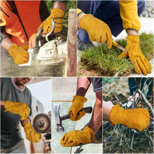 Miniatura 5 de OZERO Guantes de trabajo de piel de vaca con agarre flexible para cortar madera, construcción, conducción de camiones, jardín/patio para trabajo Oro