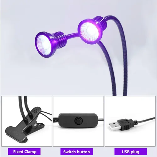 Miniatura 4 de YXO YUXINOU Accesorio negro con cuello de cisne y abrazadera para curado UV de uñas de gel UV, portátil, doble cabeza, luz negra UV de 5 V, entrada