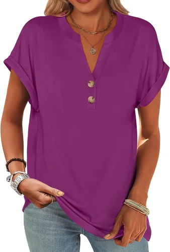 Miniatura 41 de ANRABESS - Camisetas Henley de manga corta para mujer, cuello en V, elegantes, estilo informal, de corte suelto; blusas fluidas de verano, ropa