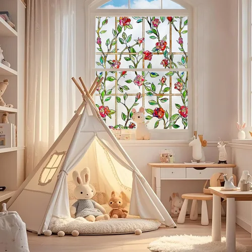Miniatura 3 de Windimiley Película decorativa para ventana de vitral, 3D con diseño floral de rosas, película adhesiva estática de privacidad que difunde la luz
