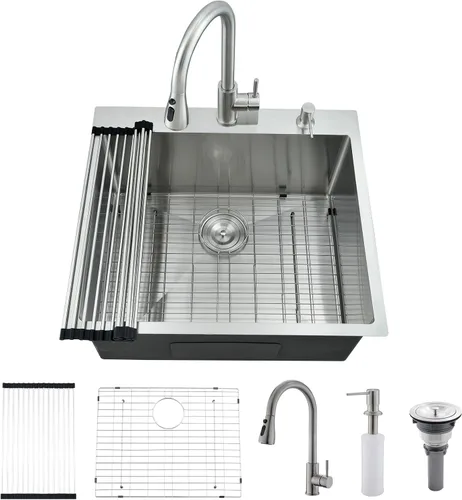 Fregadero de lavandería de acero inoxidable de 25 x 22 pulgadas con grifo, calibre 16, 12 pulgadas, extra profundo, lavabo de lavandería con Níquel