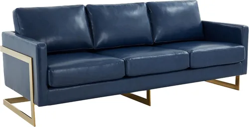 Miniatura 10 de LeisureMod Lincoln - Sofá de cuero moderno de mediados de siglo de 83 pulgadas, sofá tapizado de 3 asientos con marco de metal dorado, muebles