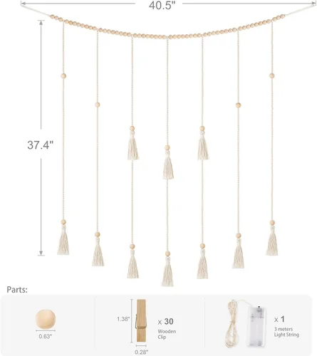 Miniatura 6 de Mkono Decoración de pared colgante de macramé con cadena de luces, habitación bohemia para dormitorio, cuentas de madera, guirnalda para tarjetas