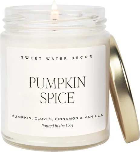 Sweet Water Decor - Vela de soja Pumpkin Spice, perfume otoñal de calabaza, clavo de olor, canela, esencia de vainilla, frasco transparente de 9 oz
