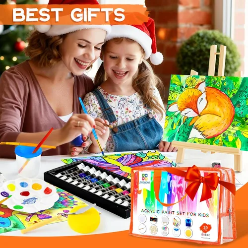 Miniatura 9 de POPYOLA Juego de pintura acrílica para niños, juego de pintura no tóxica para niños con caballete de mesa, pinturas acrílicas, bata, lienzos