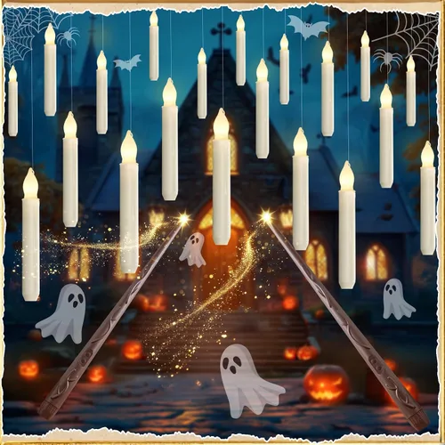Miniatura 9 de Homemory Velas flotantes colgantes con varita remota y cuerda, 12 velas LED voladoras sin llama, luz blanca cálida, velas de ventana a pilas con Luz