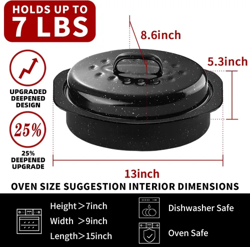 Miniatura 4 de DIMESHY - Sartén para asar de 13 pulgadas, esmaltada en acero, sartén ovalada cubierta en negro con tapa, pequeña olla para pavo, pollo pequeño