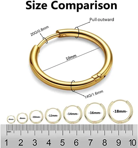 Miniatura 2 de Aretes de aro Huggie para mujeres y hombres, acero inoxidable quirúrgico 316L, 0.236 in, 0.315 in, 0.394 in, para hombre, aretes de aro
