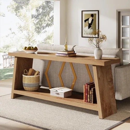 Miniatura 9 de Tribesigns Mesa consola de granja de 70.86 pulgadas, mesa de entrada de sofá largo industrial estrecha con almacenamiento, sofá de madera de 2 Marrón