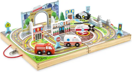 Melissa & Doug Ciudad de mesa de madera desmontable de 18 piezas, 4 vehículos de rescate, piezas de juego, puente