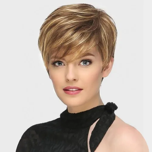 Miniatura 17 de Creamily Peluca corta rubia de corte Pixie con flequillo para mujer, pelucas sintéticas en capas onduladas con raíces oscuras para mujer, peluca