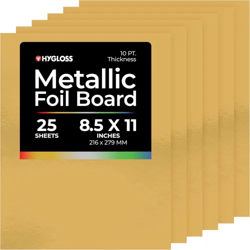 Hygloss Hojas de cartulina metálica, 25 hojas de oro mate, 8.5 x 11 pulgadas, resistentes, 10 puntos, papel de cartón metálico para manualidades,