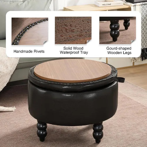 Miniatura 4 de Otomana de almacenamiento redonda de cuero PU de 30 pulgadas con bandeja, mesa de centro moderna tapizada con capitoné con almacenamiento, otomana