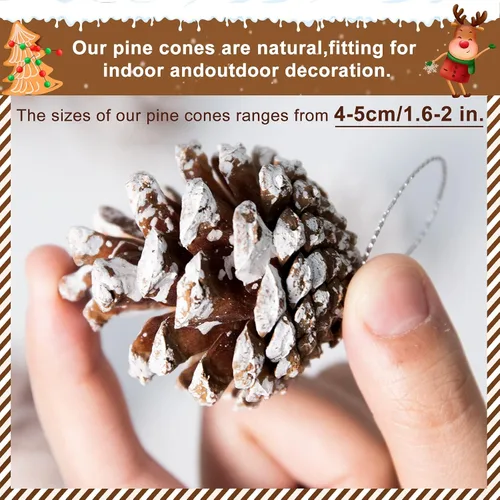 Miniatura 2 de Whaline 25 piñas de pino natural de Navidad a granel, piñas rústicas de nieve con cadena de piña, colgante de cono de pino, adorno colgante