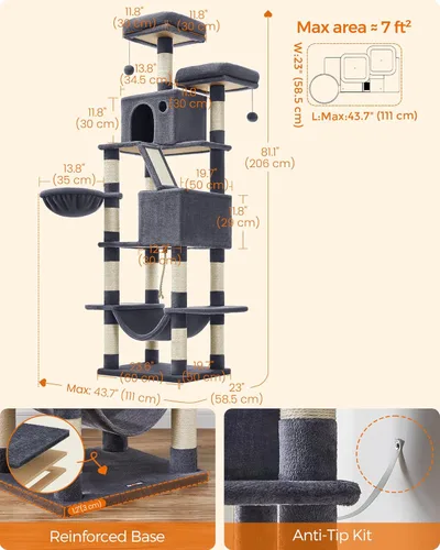Miniatura 5 de Feandrea Árbol para gatos, torre grande para gatos de 81.1 pulgadas, condominio de felpa de varios niveles con 13 postes rascadores, 2 perchas, 2