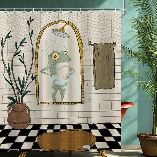 Miniatura 6 de Juego de cortina de ducha divertida con diseño de ranas para el baño 60x72 pulgadas, cortina de ducha retro linda con diseño de ranas, cortina