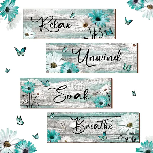 Miniatura 7 de Sunnyray 4 carteles de decoración de pared de baño de granja, margaritas y mariposas, arte de pared para baño, relajarse y relajarse, respirar, Azul