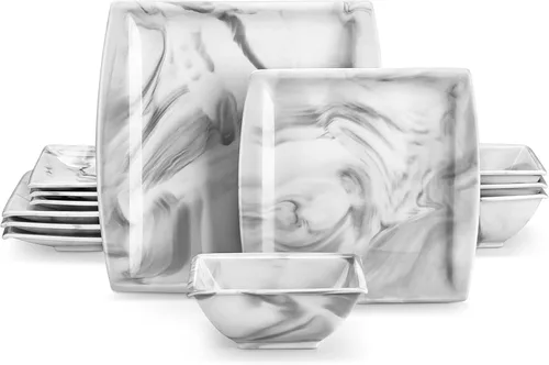 MALACASA Juego de platos y cuencos, juego de vajilla de porcelana de 12 piezas para 4, platos cuadrados y cuencos para postre, ensalada y sopa,