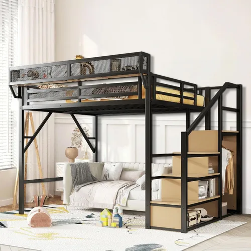 Miniatura 9 de Cama tipo loft de tamaño matrimonial con escaleras de almacenamiento integradas, armario, marco de cama alta de metal con barandilla lateral