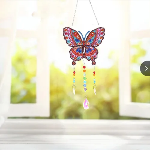 Miniatura 7 de Campanillas de viento de animales con pintura de diamantes 5D, kits de pintura de diamante de mariposa por números, colgante con cadena