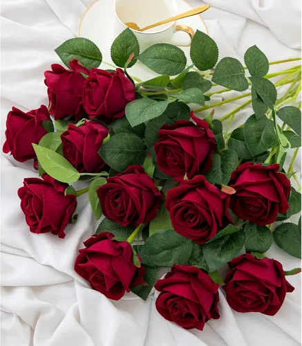 Miniatura 15 de Hawesome Rosas Falsas Flores Artificiales de Seda - 12 Piezas Rosas Moradas Artificiales Flores Falsas con Tallos para Hogar Boda Centro de Mesa