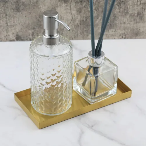 Miniatura 4 de Freelove Bandeja de Tocador de Metal Dorado con Lijado y Letras, Organizador de Perfumes, Soporte para Joyas, Plato para Maquillaje, Bandeja