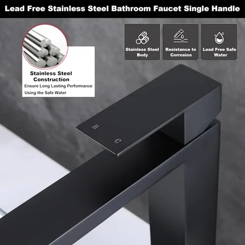 Miniatura 5 de Grifo de Fregadero de Recipiente Negro Mate, Grifo de Baño Alto de Un Solo Agujero para Fregadero de Recipiente, Grifo de Acero Inoxidable Negro