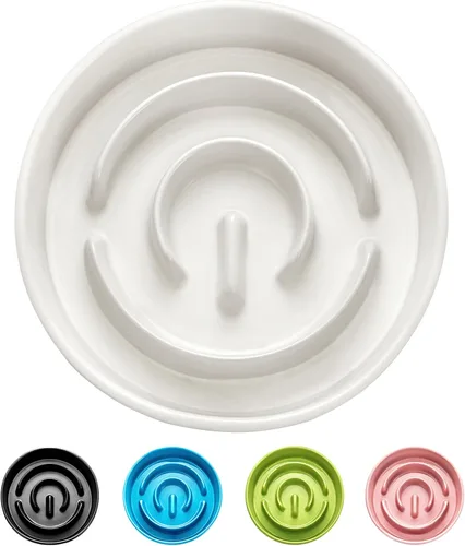 Cuencos de cerámica para perros de alimentación lenta, 2.0 tazas de comedero lento para perros medianos y grandes, cuenco de laberinto de Blanco