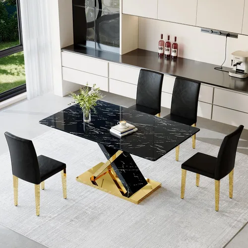Miniatura 9 de YUNDREAM - Juego de mesa de comedor moderna de mármol para 4, mesa de comedor de oro negro de 63 pulgadas con marco cromado en forma de X y sillas