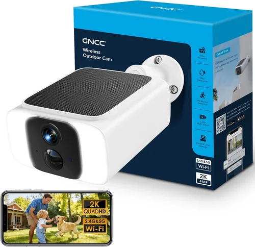 GNCC Cámara de seguridad solar inalámbrica para exteriores, WiFi de 2.4 GHz y 5 GHz, visión nocturna a color de 4 MP, detección humana AI, audio