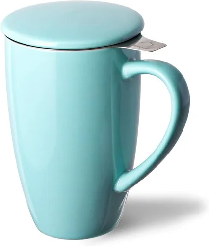 Miniatura 22 de Sweejar Taza infusora de té de porcelana con tapa, taza de té de 16 onzas con coladores para té de hojas sueltas, taza de café apta para microondas
