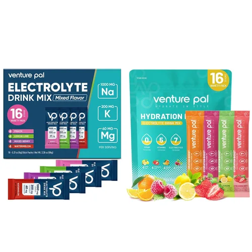 Venture Pal Paquete variado de electrolitos en polvo, mezcla de hidratación sin azúcar con alto contenido de sodio y vitaminas diarias | Keto,